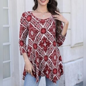 Women's 3/4 Sleeve Casual Flowy Loose Fit Swing Top Tunic, Wine Red Pattern